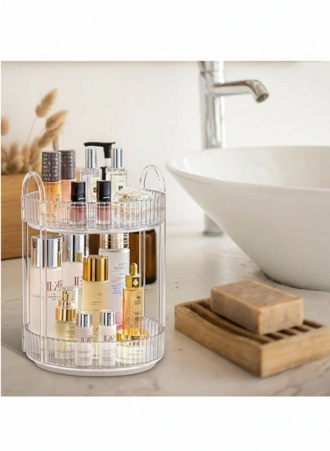 TANGBLIB 360 Degree Rotating Makeup Organizer with Acrylic Columns – 2 Tier Large Capacity Skincare & Cosmetic Storage Organizer, Rotating Perfume Organizer for Vanity Table, Bathroom Counter & Makeup Cabinet, Elegant Design, Transparent - Image 5